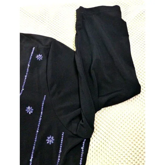 Another Thyme Black & Blue Beaded 3/4 Sleeve Top Scalloped Hem Size 2X USA Made - Picture 7 of 12